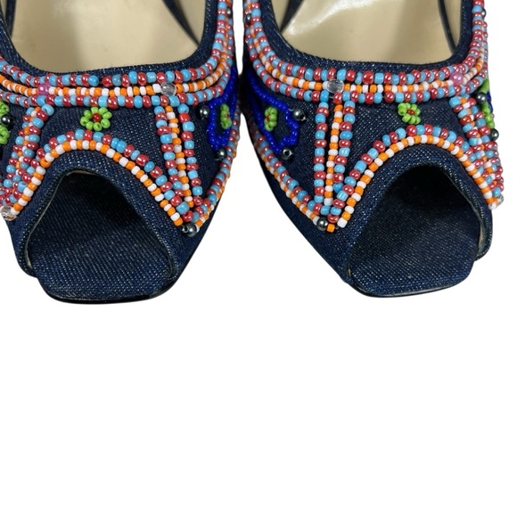 Jessica Bennett Jkirabu Beaded Denim Peep Toe Wedge Heels Beaded Wooden Platform - Picture 3 of 13